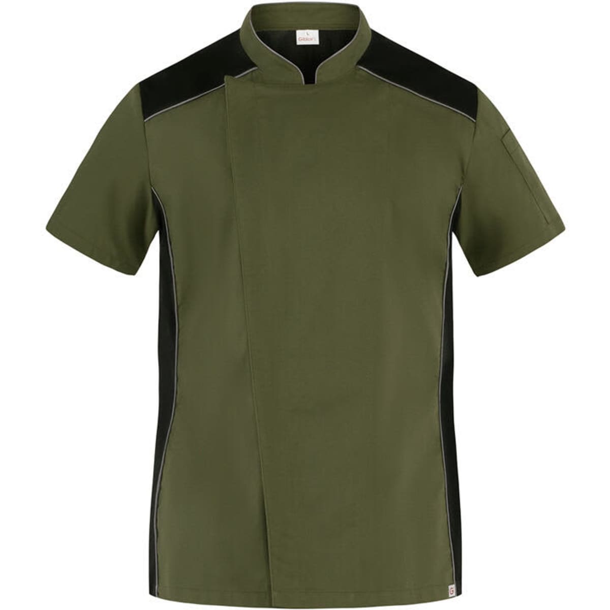 A short-sleeved chef jacket in olive green with black accents and a branding logo.