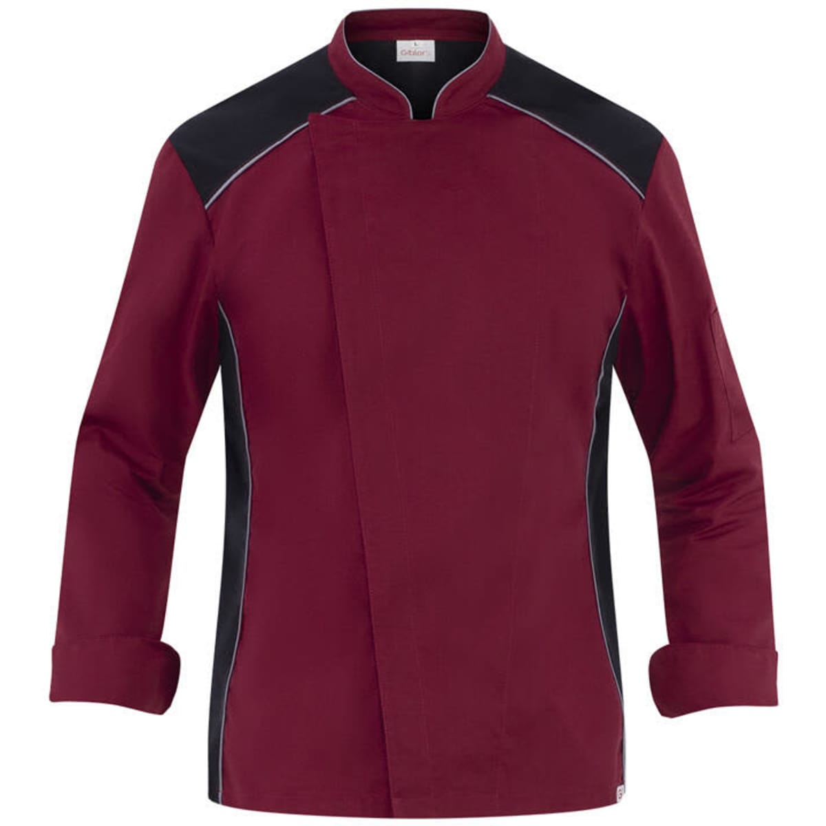 A maroon chef jacket with black accents and a stylish design, featuring long sleeves and a collar.