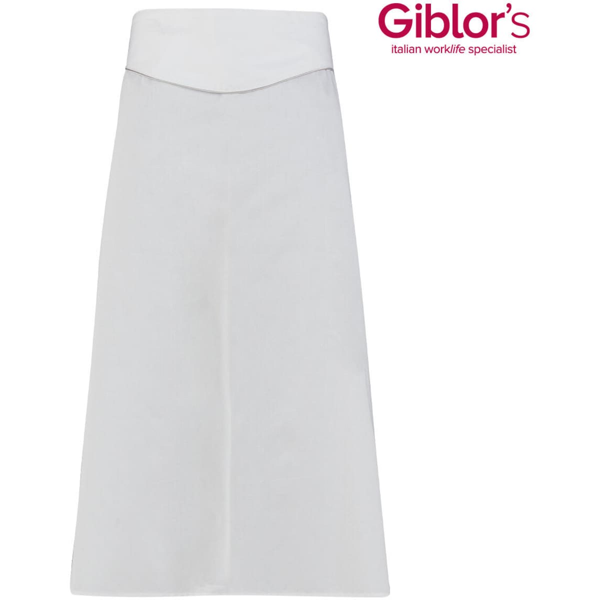 A white apron with a smooth design and a fitted top, featuring a logo design.