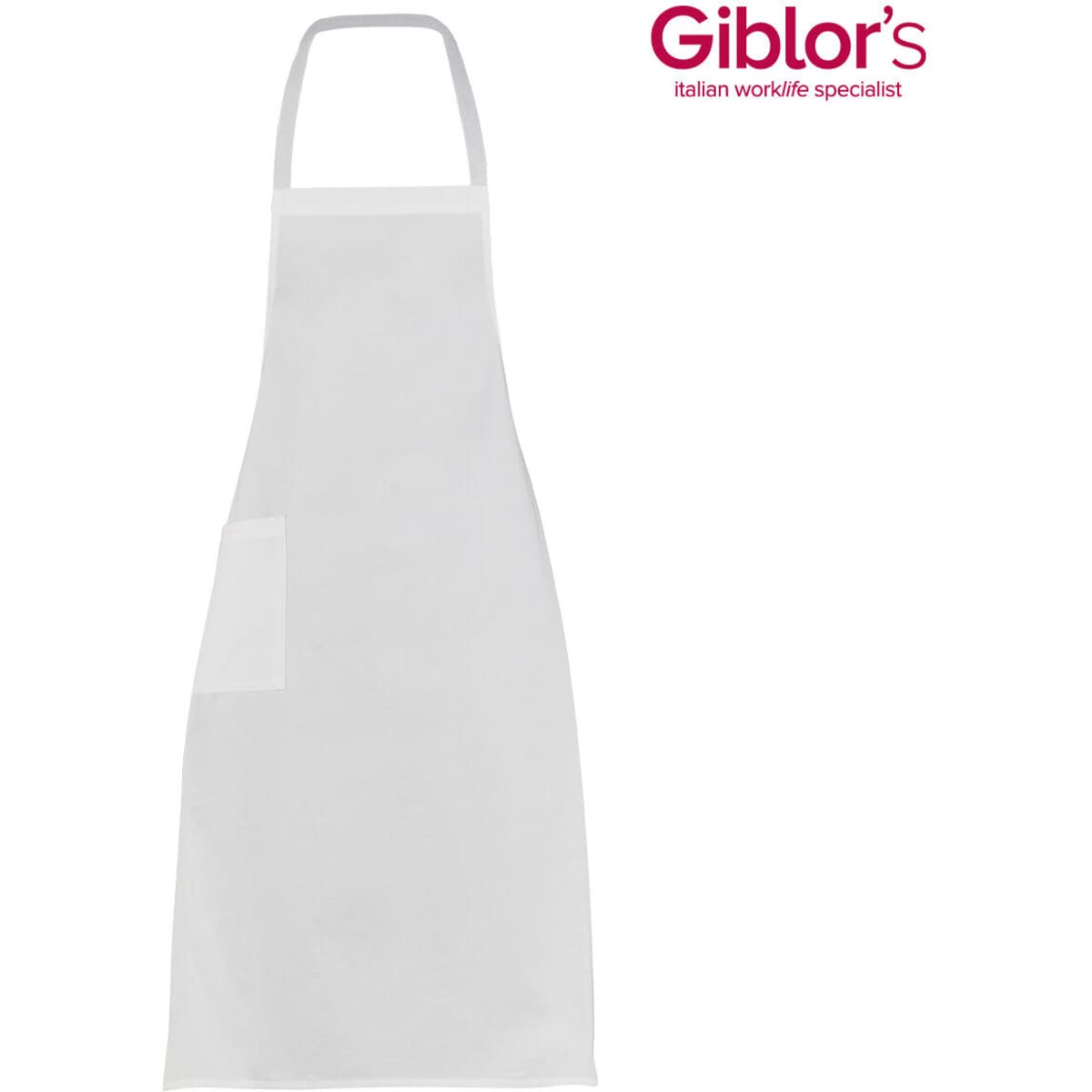 A white apron with a pocket, featuring a logo in the upper corner.