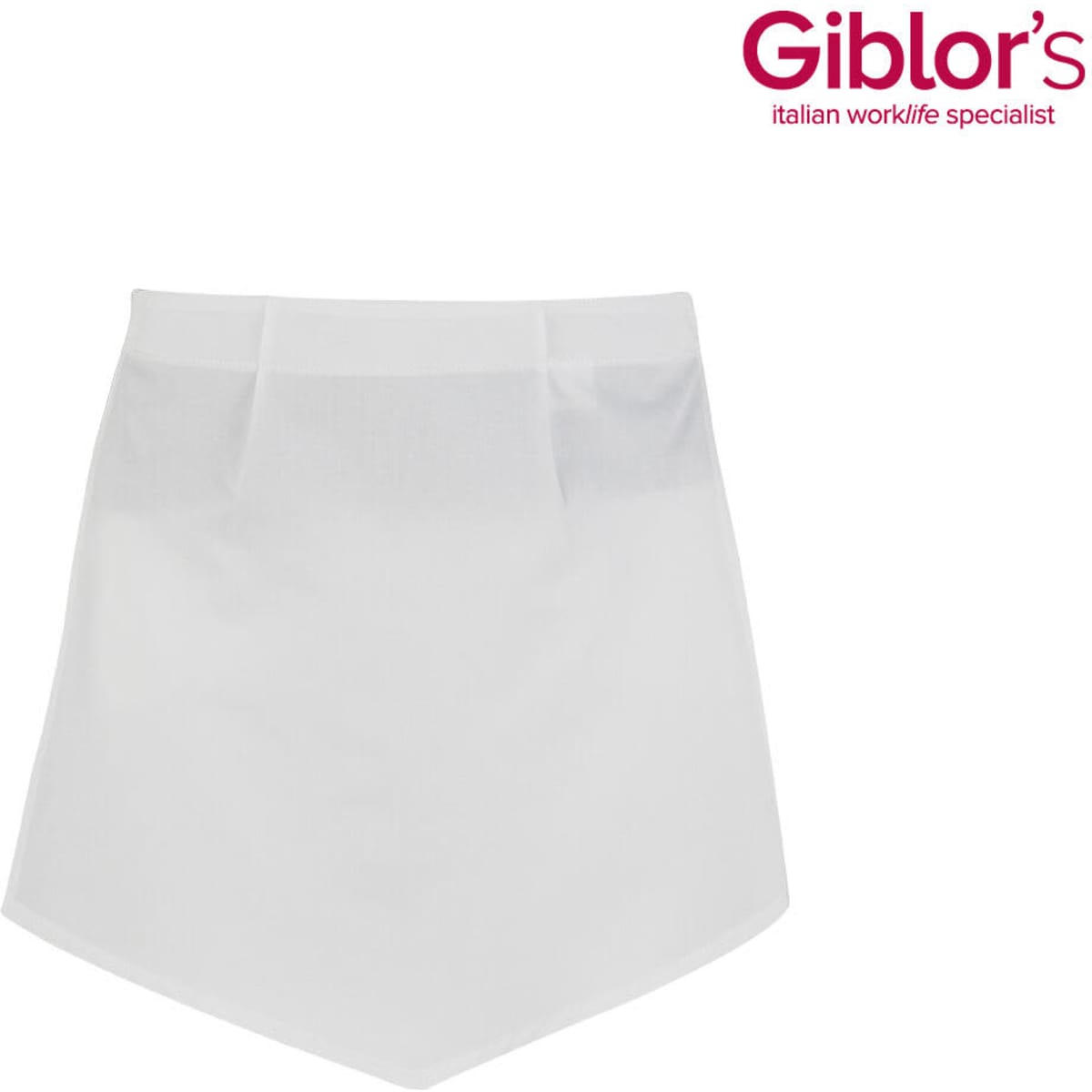 A white apron with a simple design and a logo on the top right corner.