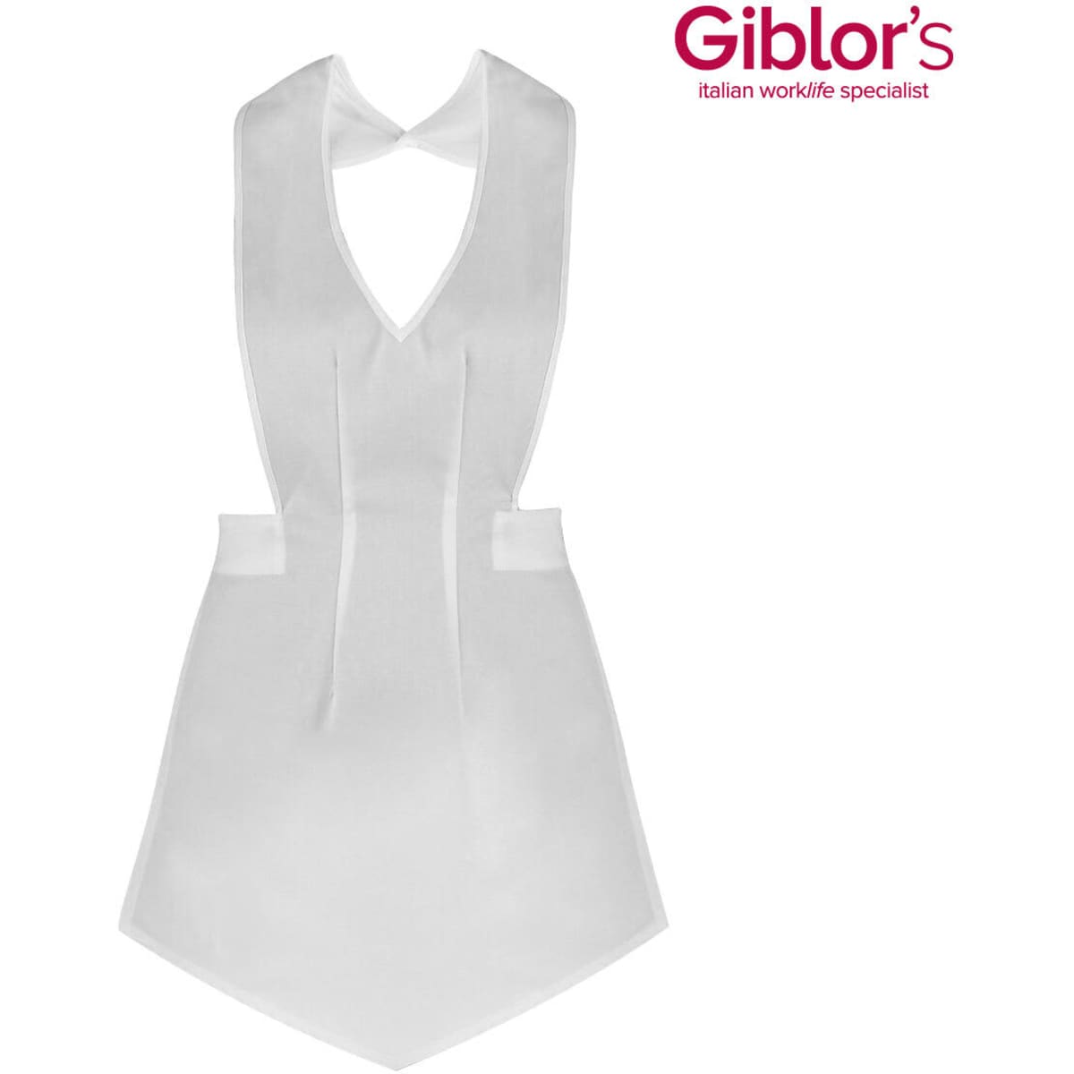 A white apron with a v-neck design and side pockets, featuring a logo in the top right corner.