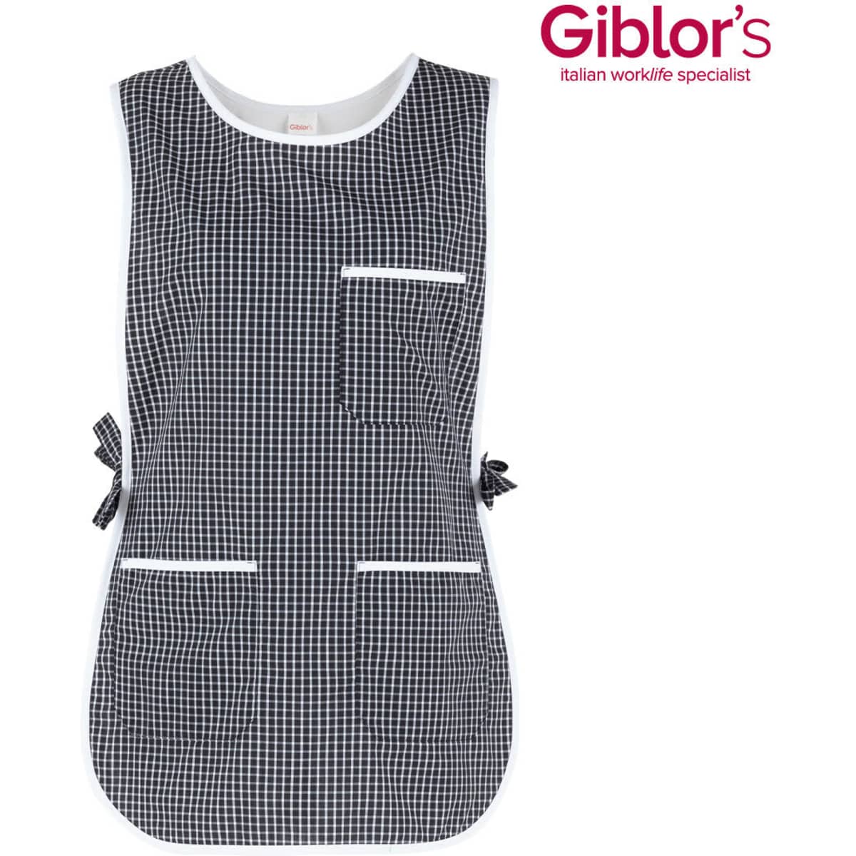 A checkered black and white pinafore with a pocket and tie details at the sides. It features a logo in the corner.