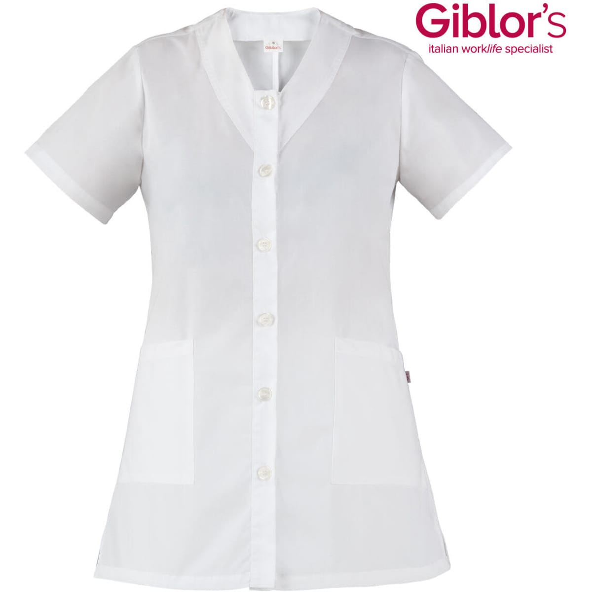 A white tunic with short sleeves, featuring a V-neck collar and two front pockets. It has a logo in the corner.