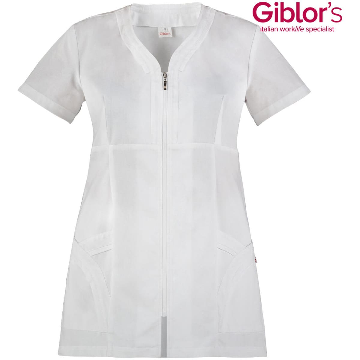 A white tunic featuring short sleeves, a zippered front, and two pockets, with a logo present.