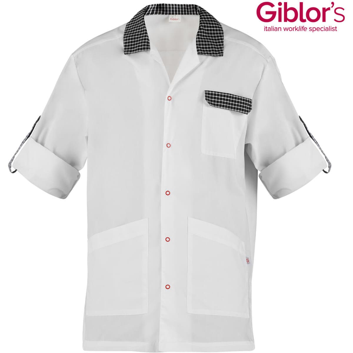 A white shirt with short sleeves, featuring a checkered collar and pocket, and red buttons. It includes a logo.