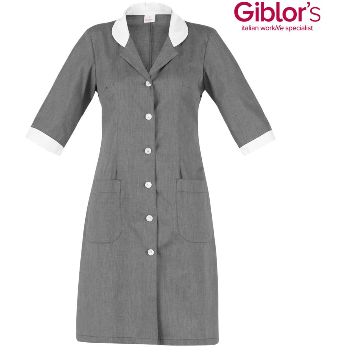 A grey dress with a white collar and pockets, featuring buttons and three-quarter sleeves. It has a logo in the corner.