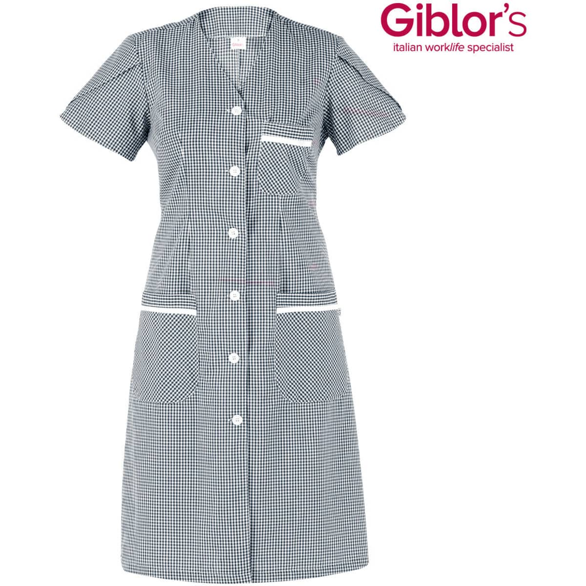 A short-sleeved dress in a black and white gingham pattern with buttons and pockets, featuring a logo.
