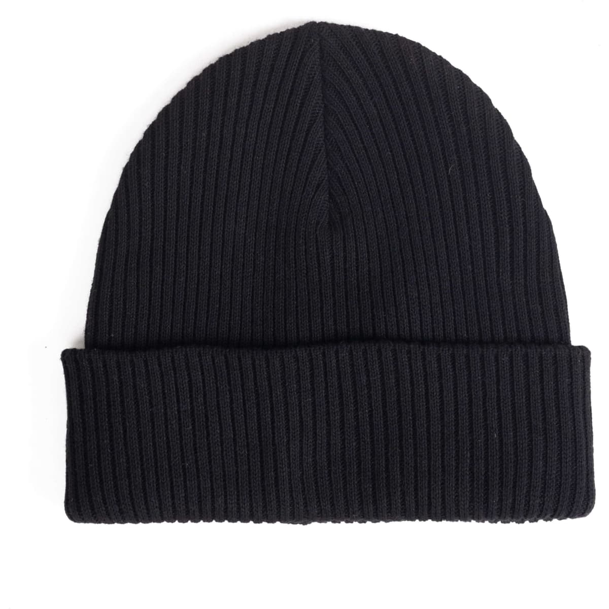 A ribbed black beanie with a rolled cuff, featuring a logo on the side.