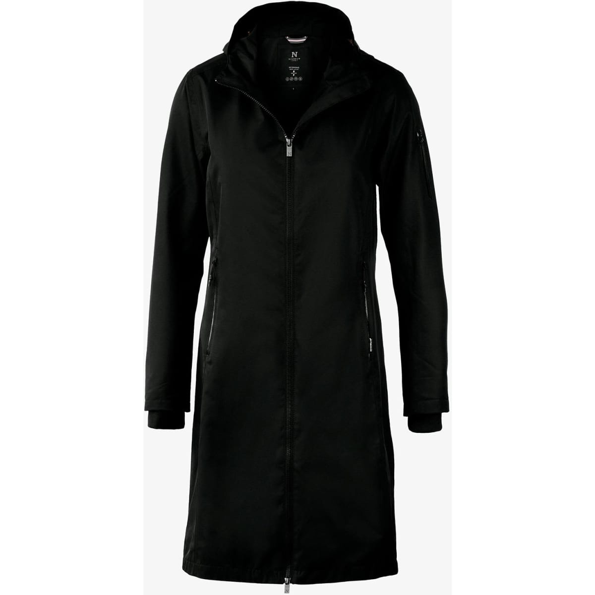 A women's rain jacket in black with a zip closure and a hood, featuring side pockets and a logo.