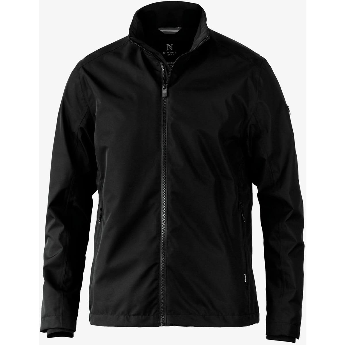 A men's jacket in black, featuring a zip front and a high collar, with a logo on the sleeve.