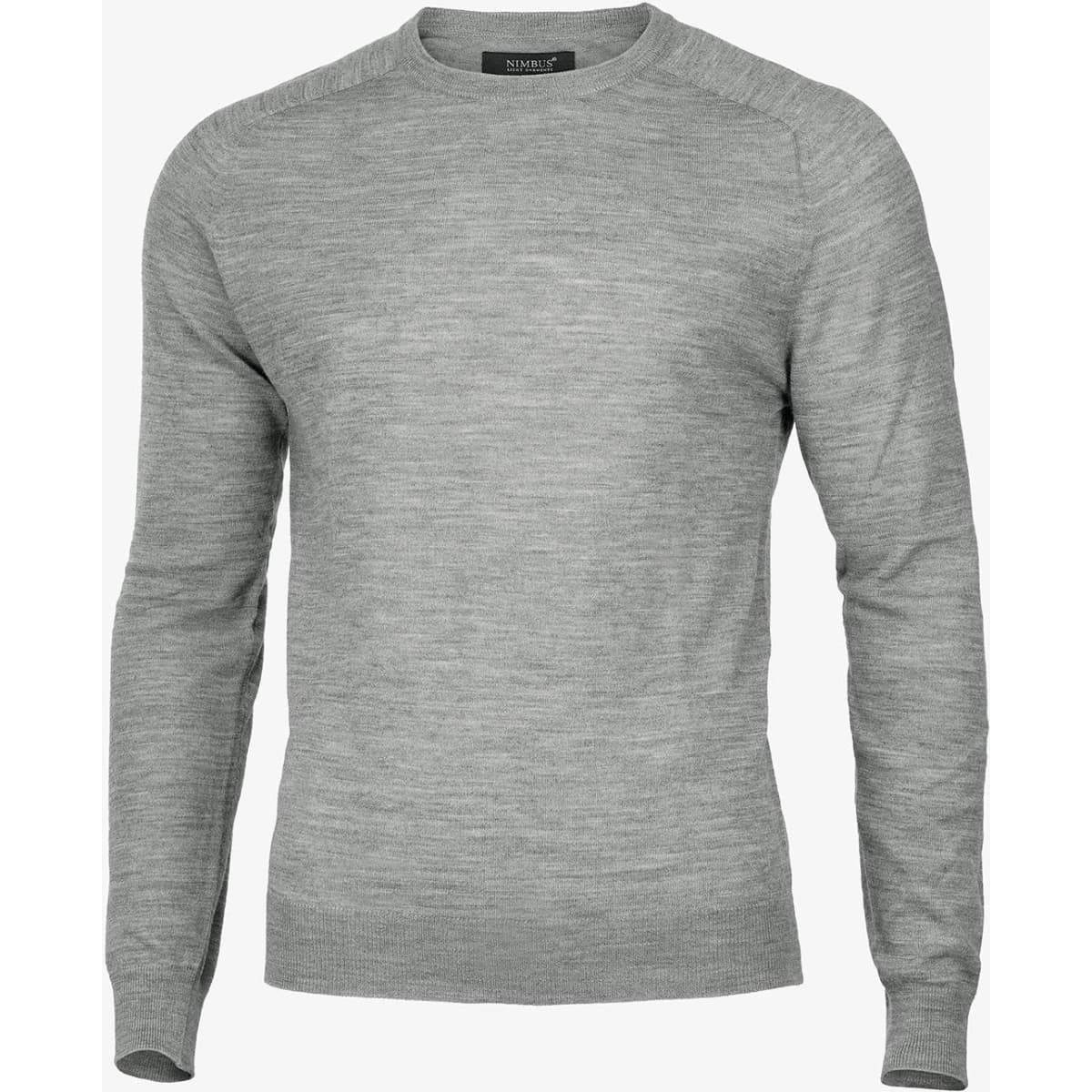 A grey knitted jumper with long sleeves and a round neckline, featuring a branded label.