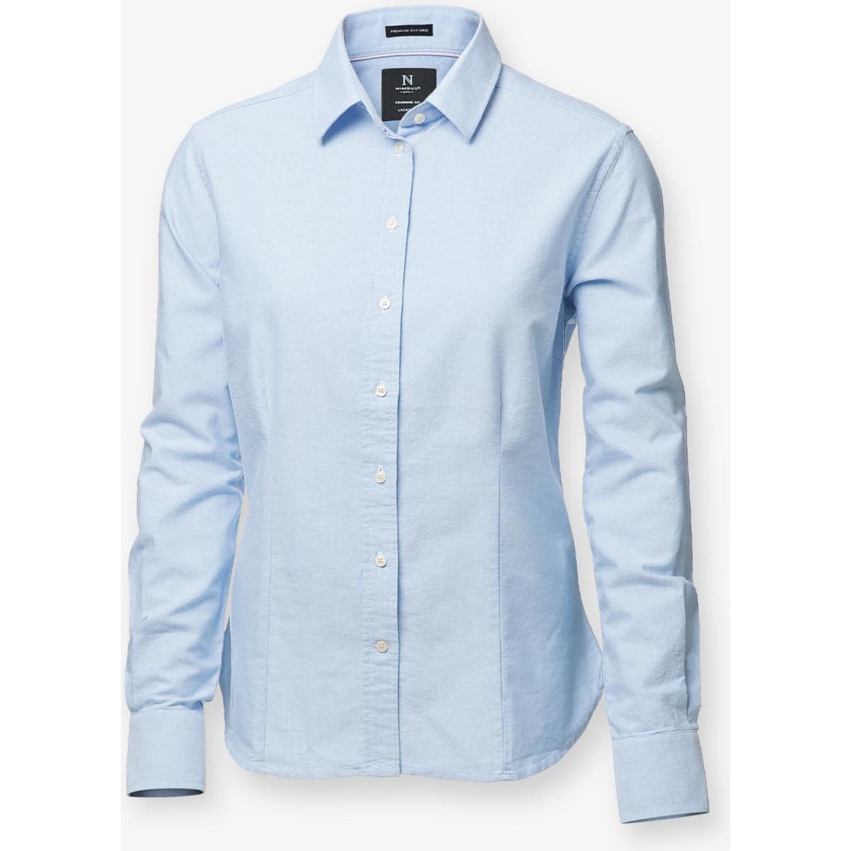 A light blue button-up shirt with long sleeves and a collar, featuring a branded tag.