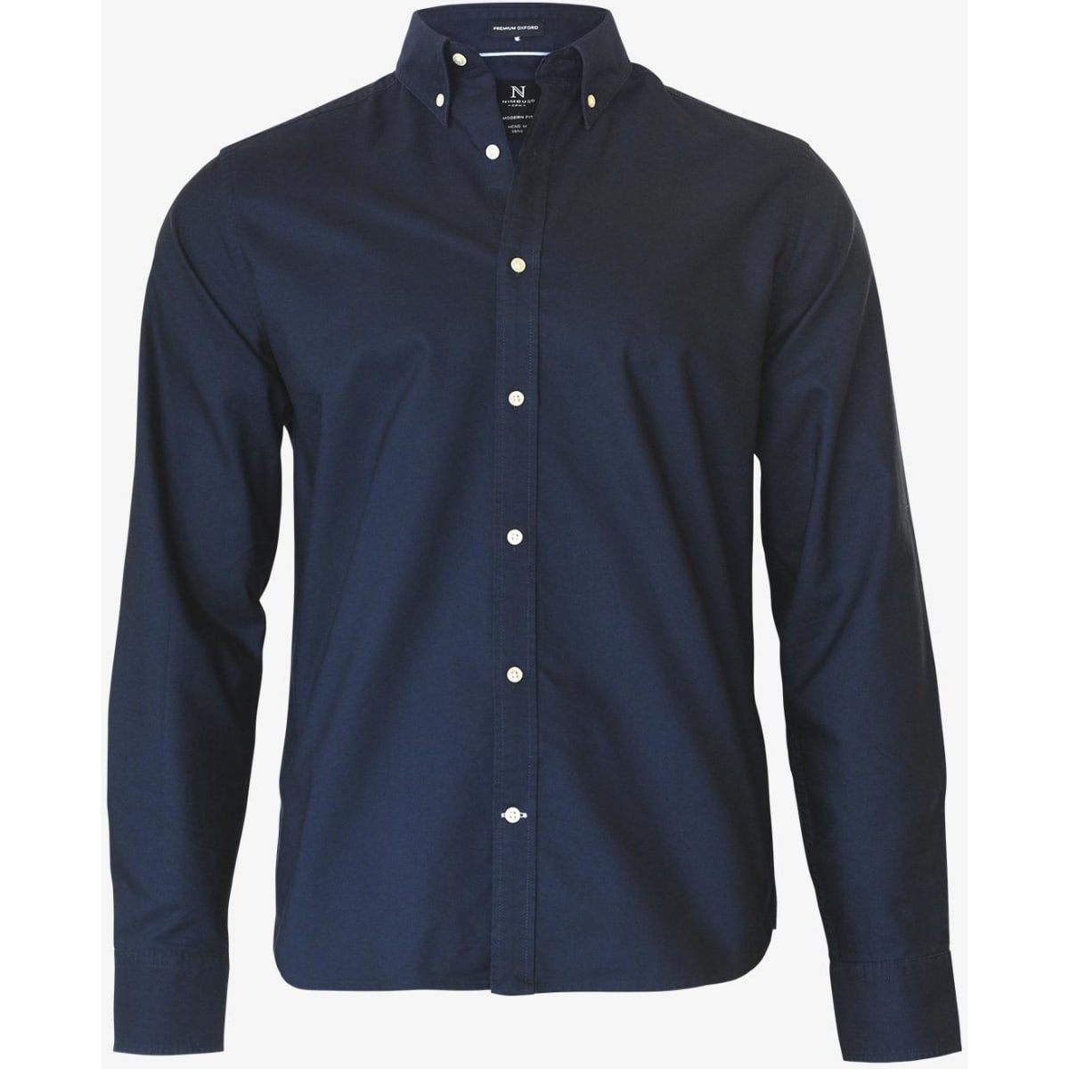 A navy blue button-up shirt with a modern fit, featuring a collar and button placket. Includes a logo.