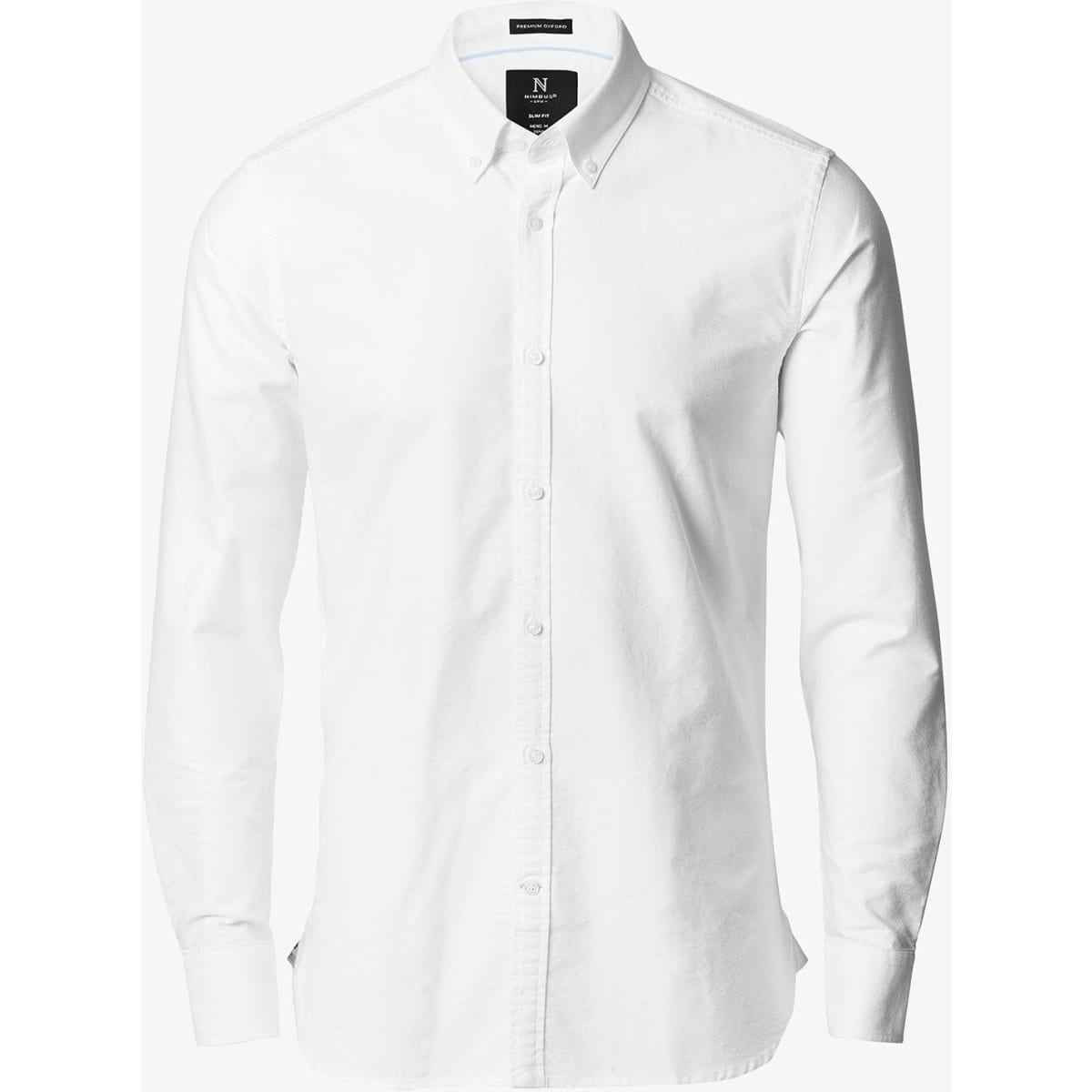 A white, long-sleeved button-up shirt with a collar and single branding on the label.
