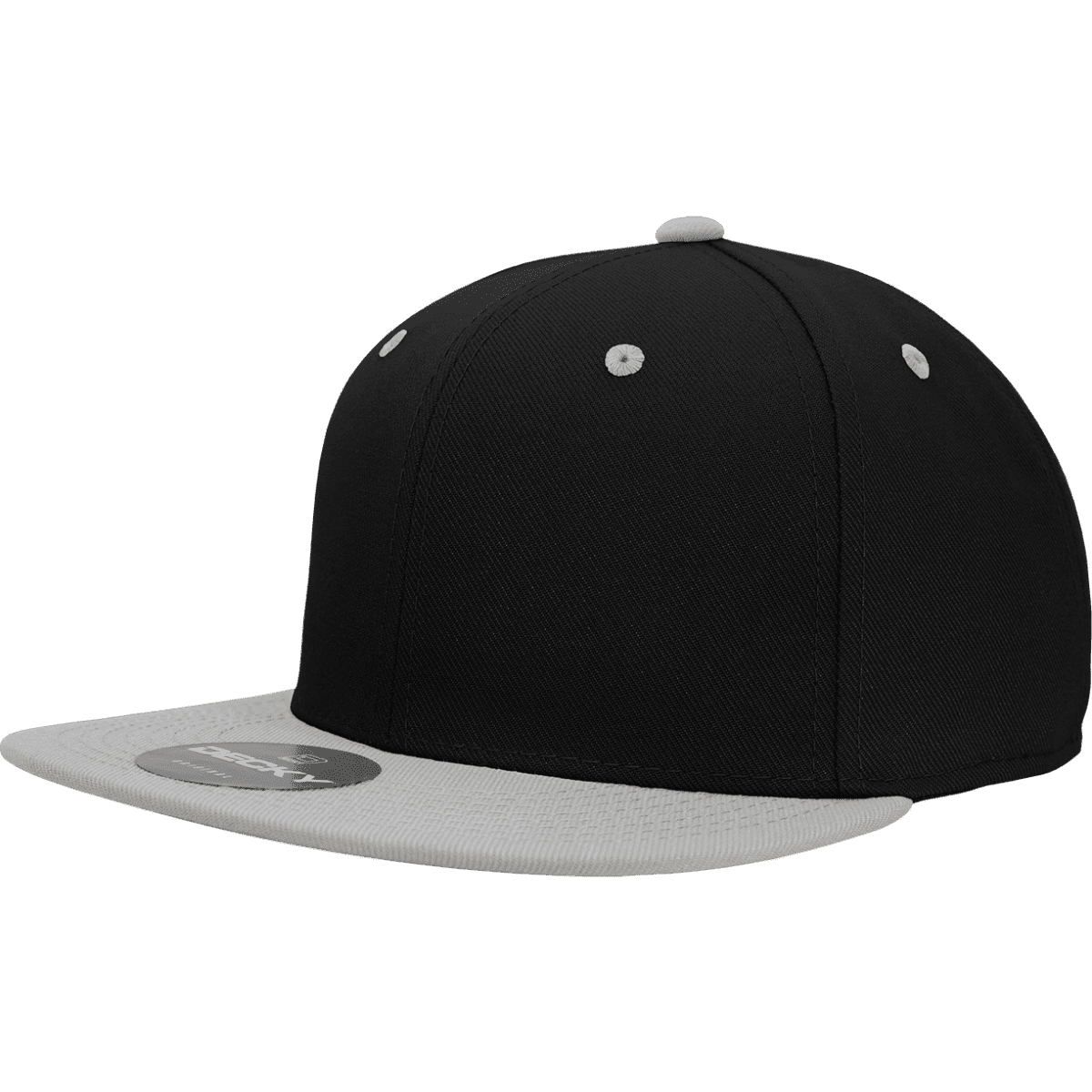 A black six-panel high profile structured fitted cap with a grey brim, featuring a logo.