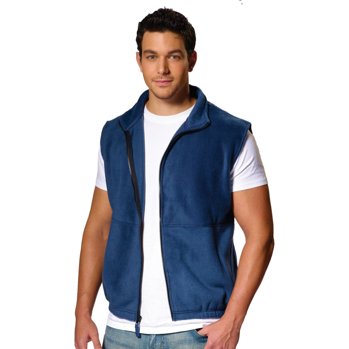 A navy blue full zip polar fleece vest featuring a front zipper and two side pockets.