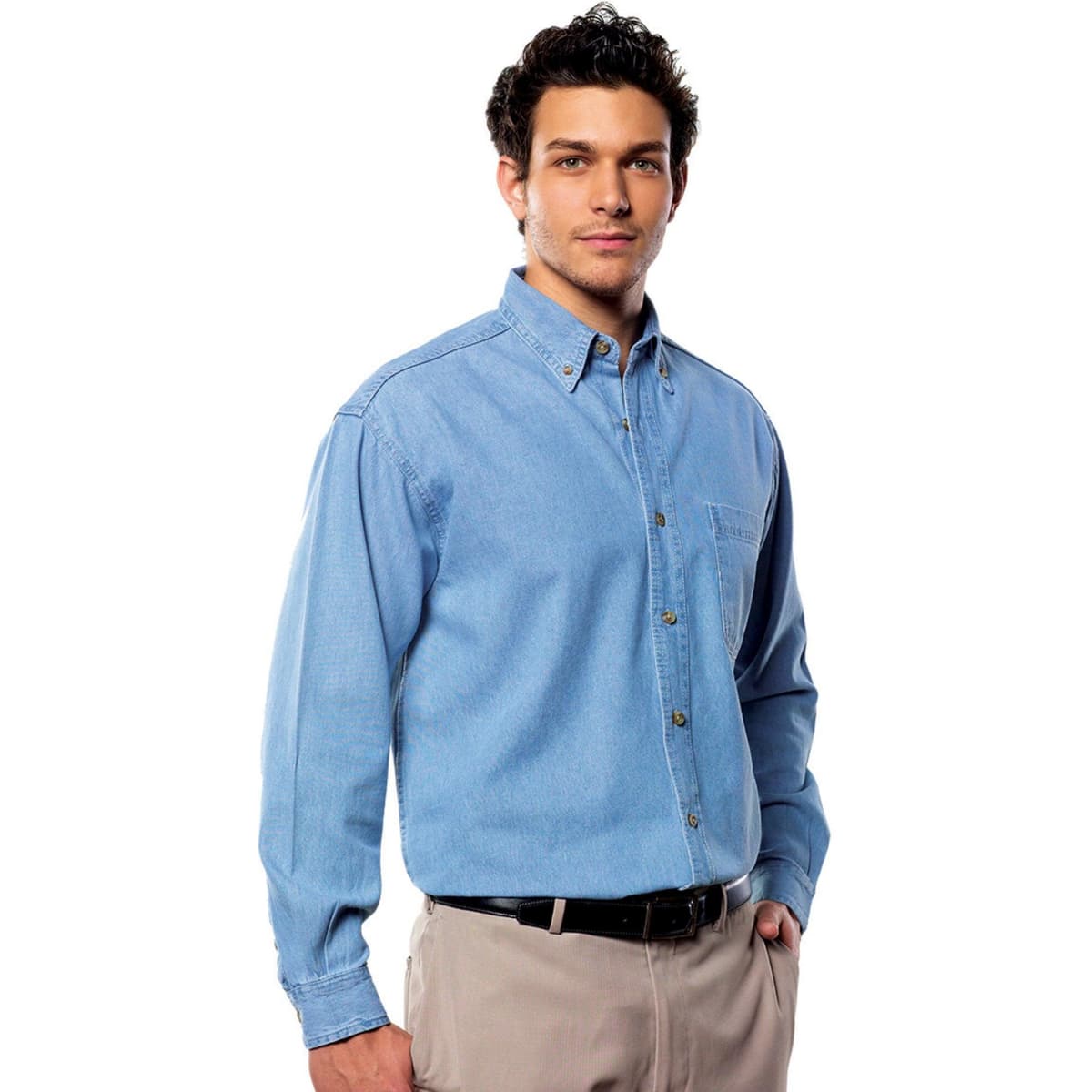 A long sleeve cotton denim shirt in light blue with a button-up design, featuring a logo on the chest.