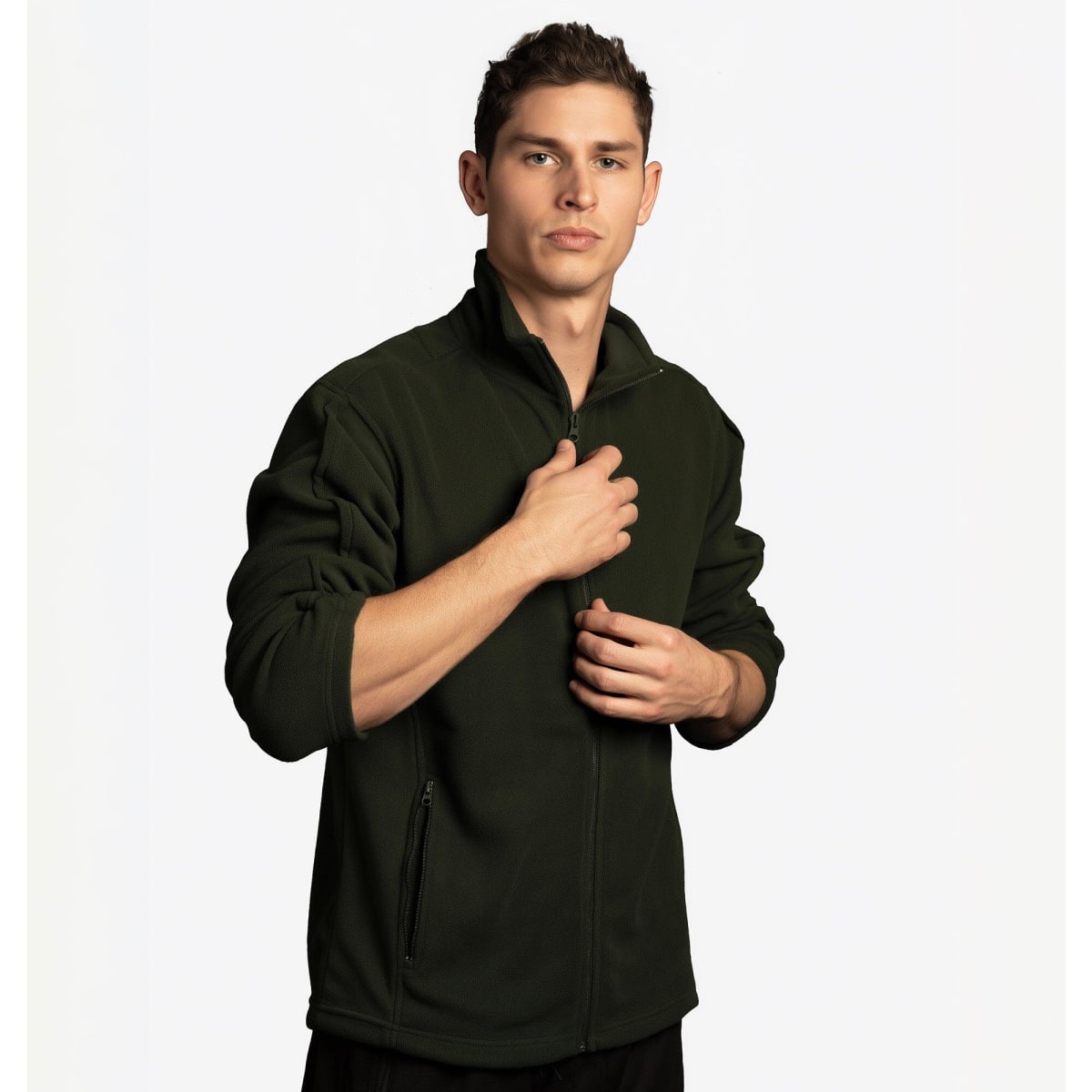 A model wearing a full zip micro fleece jacket in dark green. The jacket features a zip closure and stands collar.