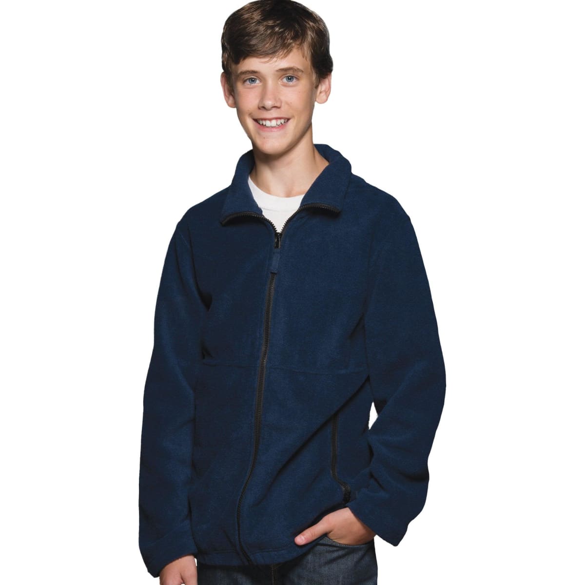 A navy full zip polar fleece jacket worn by a smiling young person, featuring a zipper and two pockets.