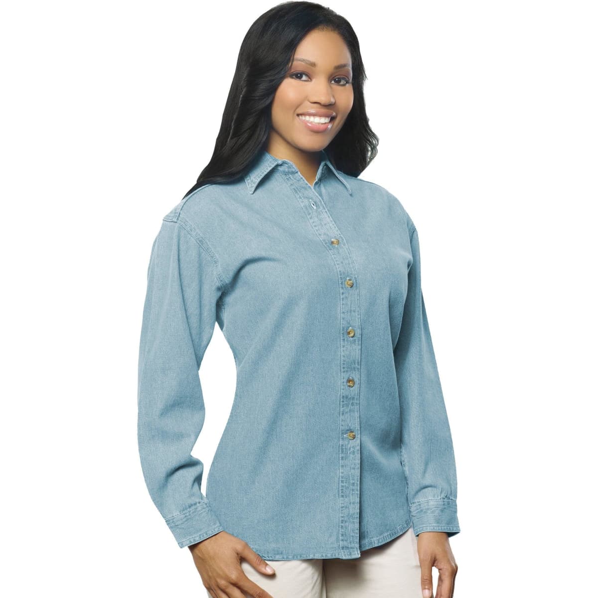 A long sleeve cotton denim shirt in light blue, featuring a button-up front and a logo on the chest.