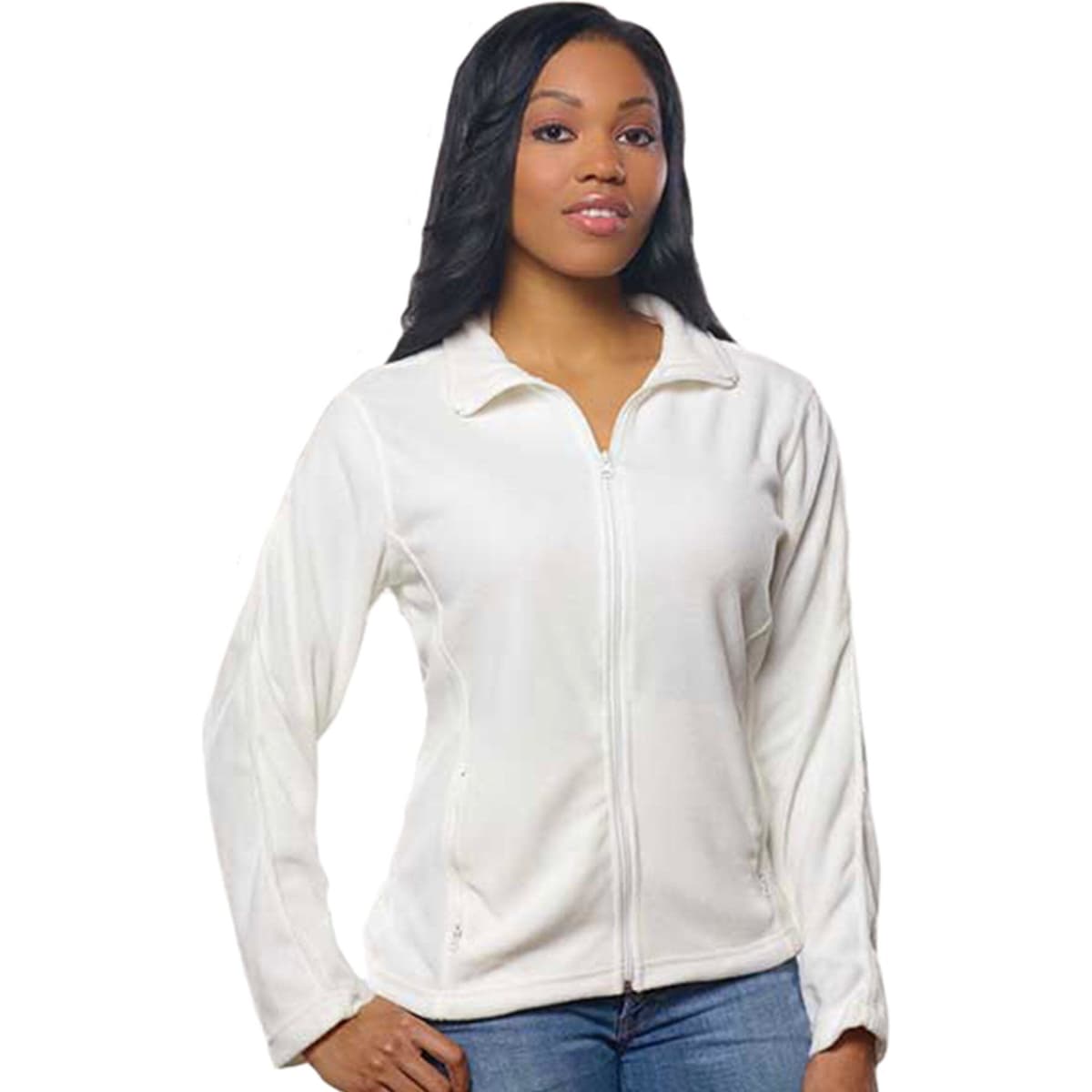 A full zip microfleece jacket in white, featuring long sleeves and a zippered front. The model is wearing it.