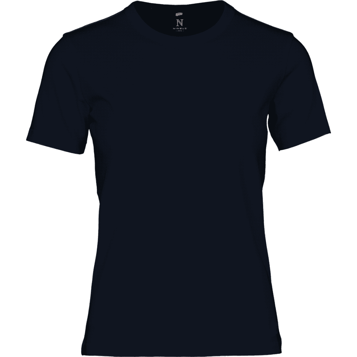 A women's short-sleeve T-shirt in navy blue, featuring a simple design and a logo on the tag.
