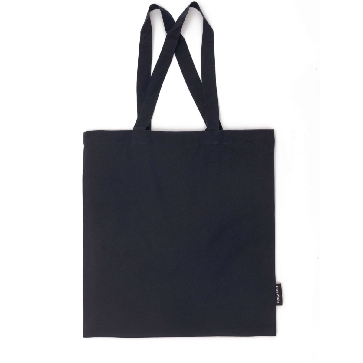 A navy blue tote bag with two handles and a small logo on the side.
