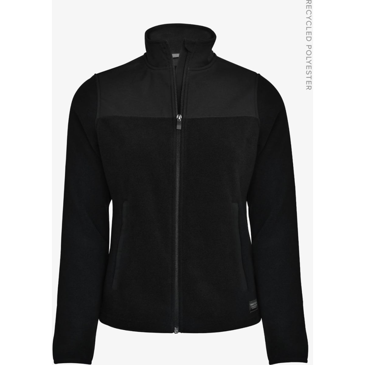 A black women's jacket with a zip front and a contrasting upper panel, featuring a logo. Made from recycled polyester.
