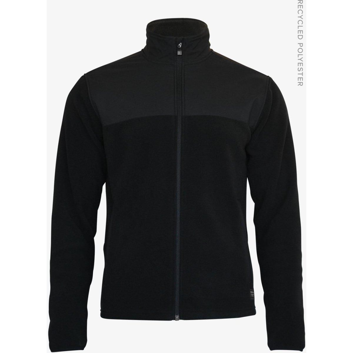 A black men’s jacket featuring a high collar and zip-up front, made from recycled polyester.