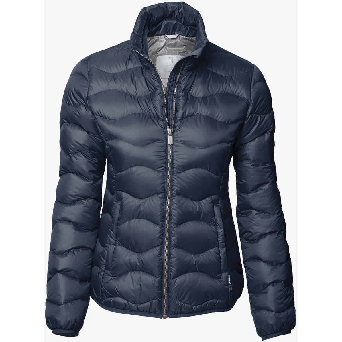 A puffer jacket for women in a dark navy colour, featuring a zip front and a high collar. It has a logo on the side.