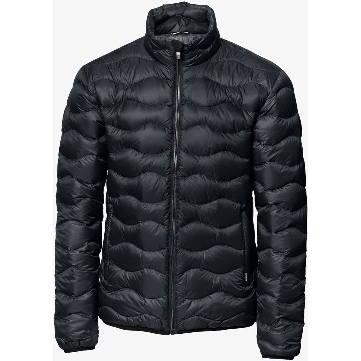 A black puffer jacket with a zip front and high collar, featuring a textured quilted design.