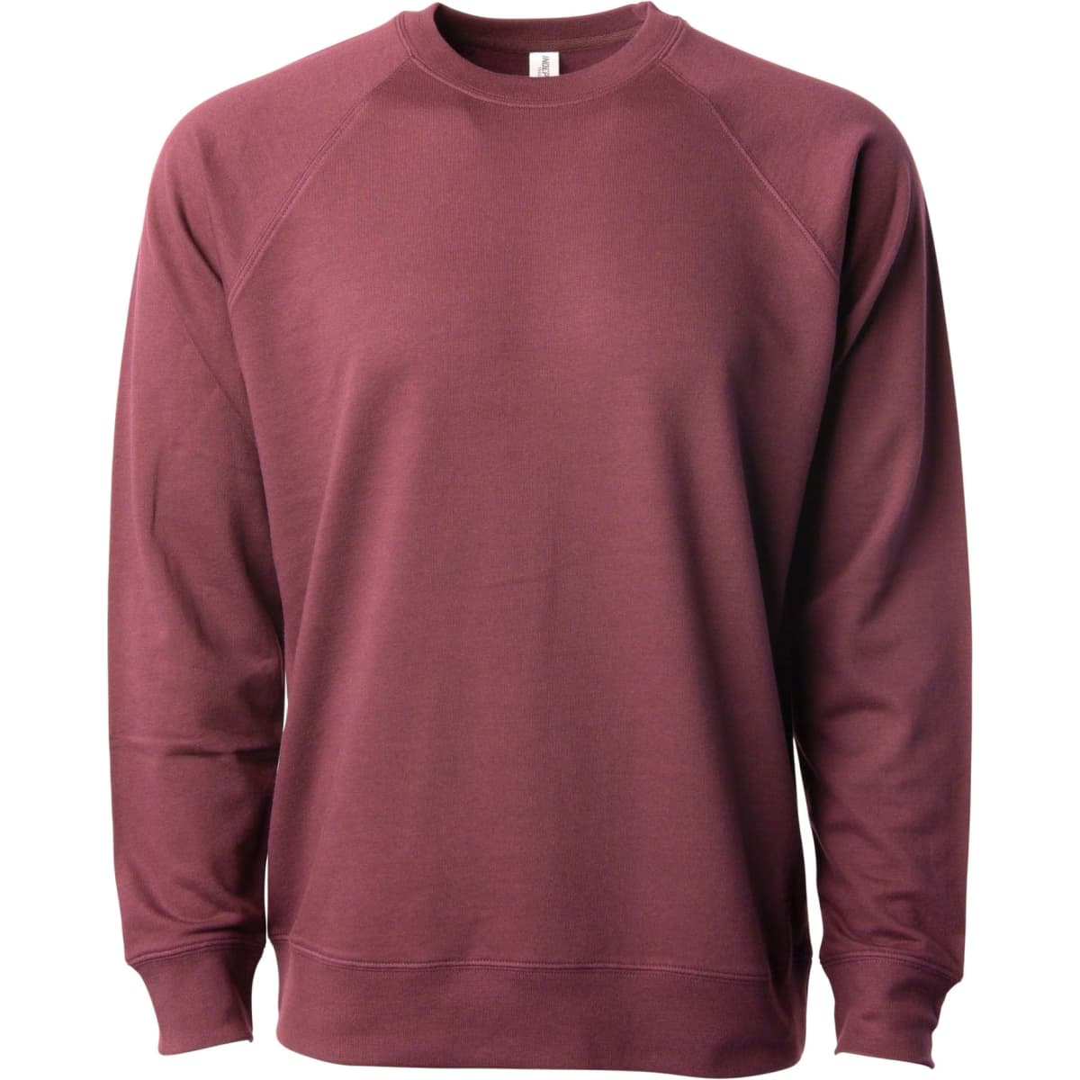 A maroon unisex lightweight loopback terry crew sweatshirt featuring long sleeves and a crew neckline. It has a logo.