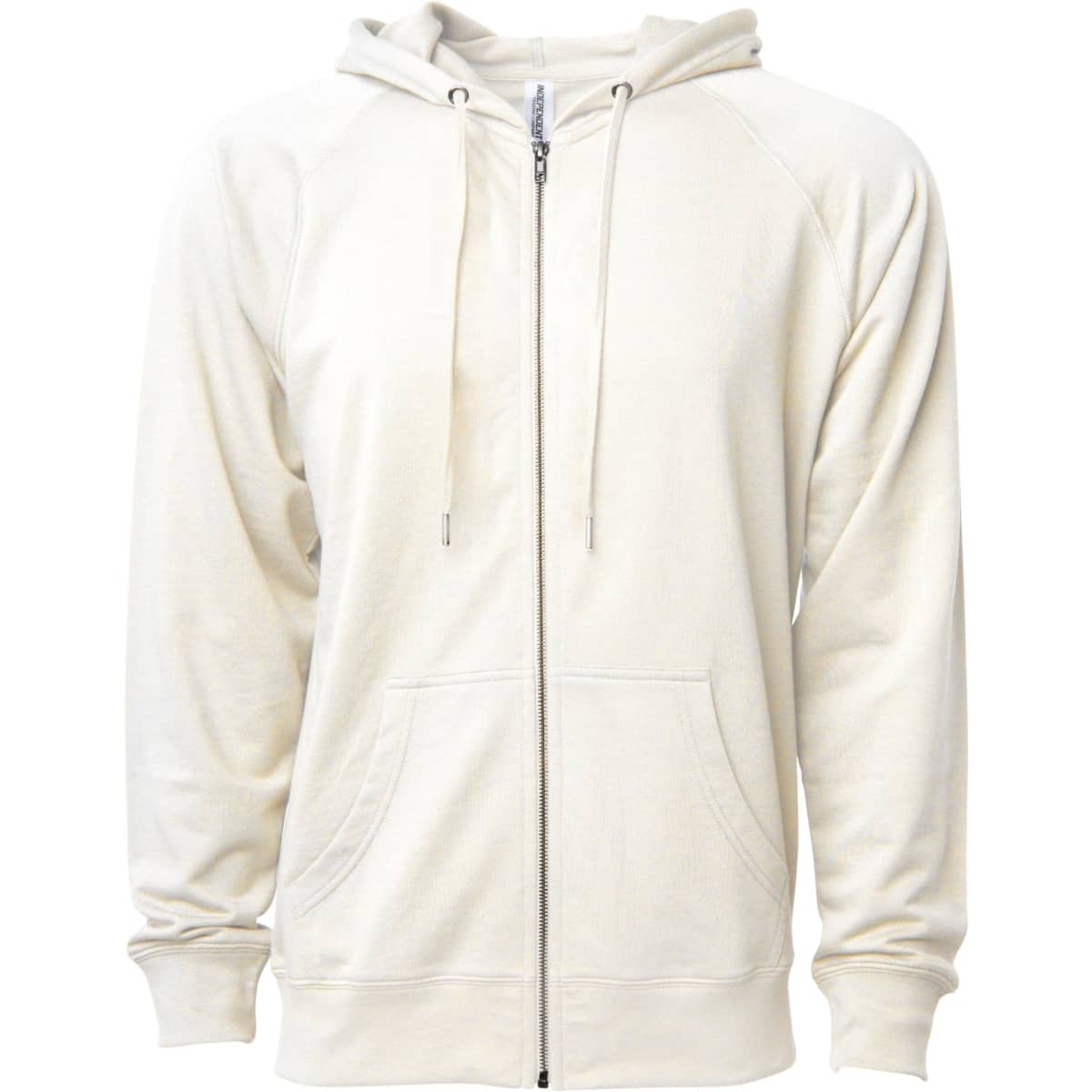 A unisex lightweight zip hoodie in cream colour, featuring a hood and front pockets, with a logo.