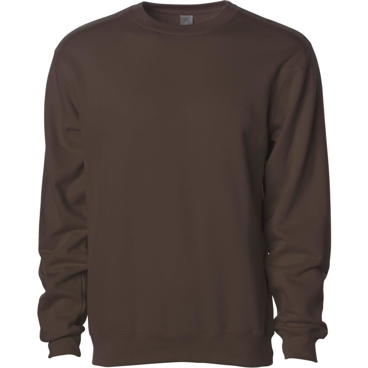 A brown basic crew sweatshirt with long sleeves and a casual fit, featuring a logo on the chest.