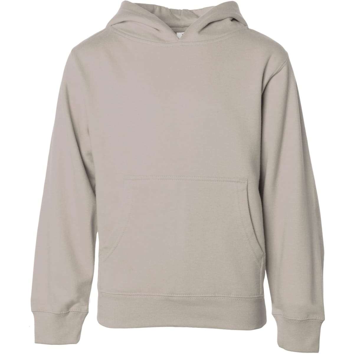 A boys' basic hood in a light beige colour, featuring a front pocket and a hood. The design includes a logo.