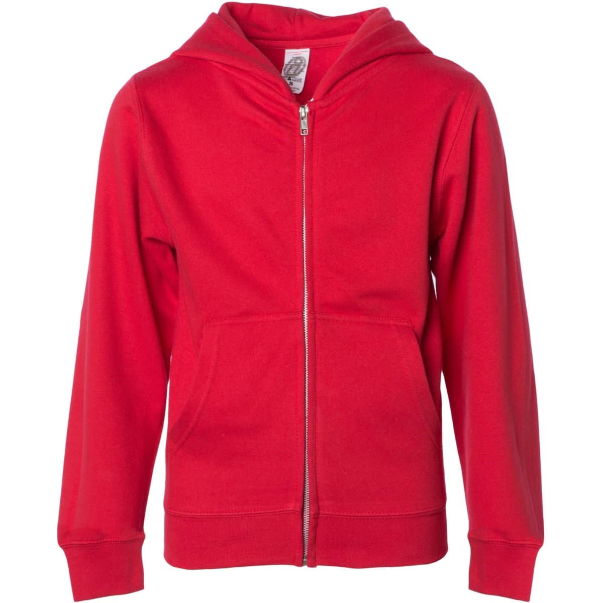 A red zip-up hoodie with a front pocket and a hood. It features a branding logo on the label.