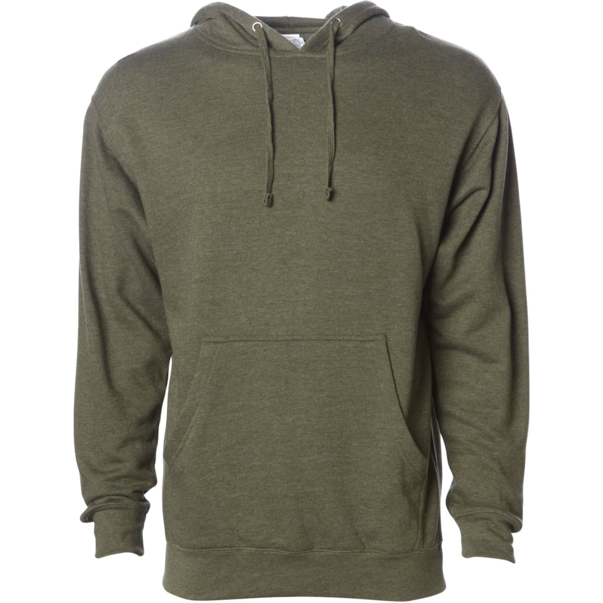 A midweight pullover hood in olive green featuring a front pouch pocket and drawstring hood. It has a logo.