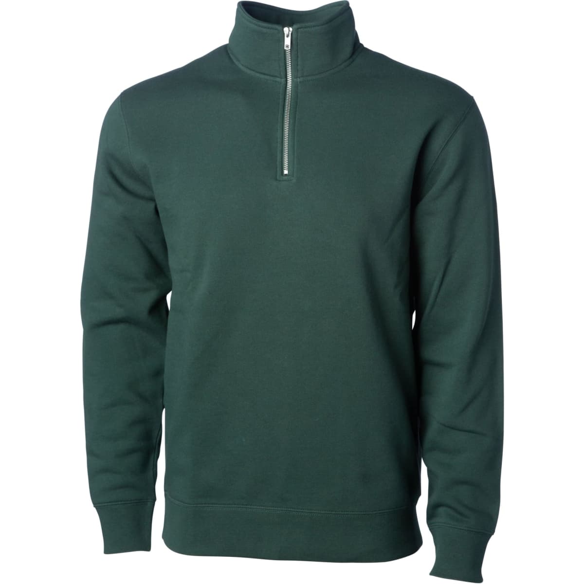 A men's midweight quarter zip in dark green, featuring a high collar and long sleeves. It has a logo on the chest.