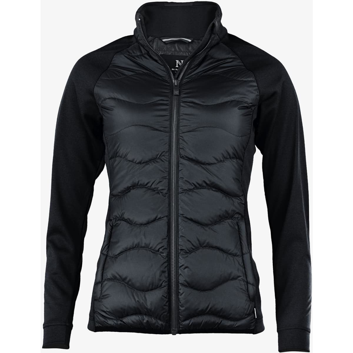 A black puffer jacket with a zip, featuring long sleeves and a logo on the side.