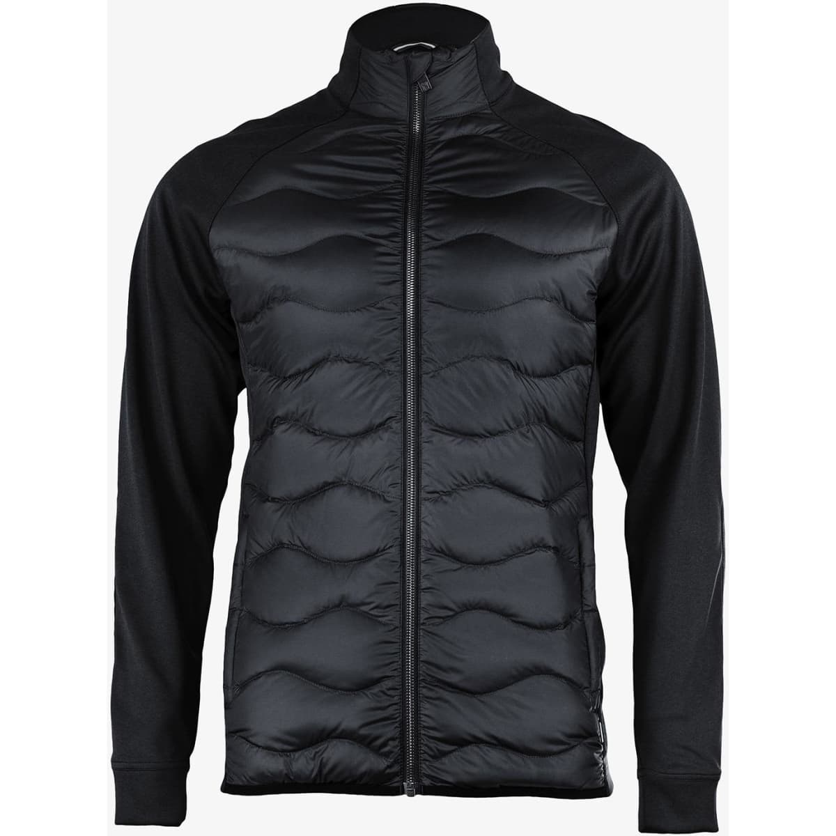 A black puffer jacket with a smooth front panel and long sleeves, featuring a zip closure and a logo on the chest.