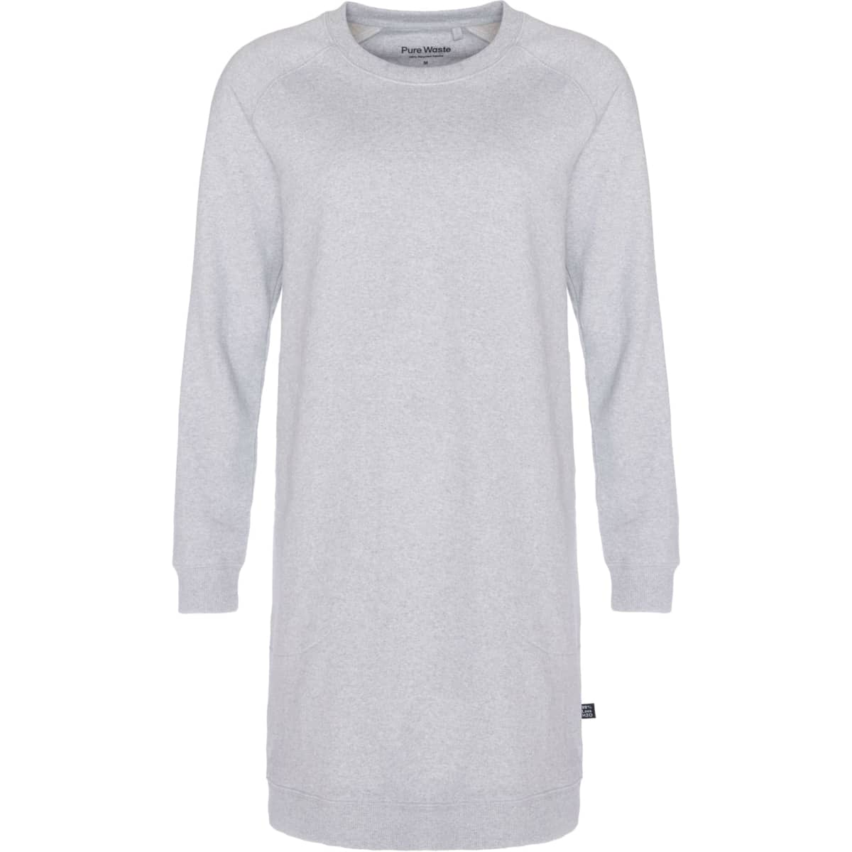 A light grey sweatshirt dress with long sleeves and a round neckline, featuring a small logo at the hem.
