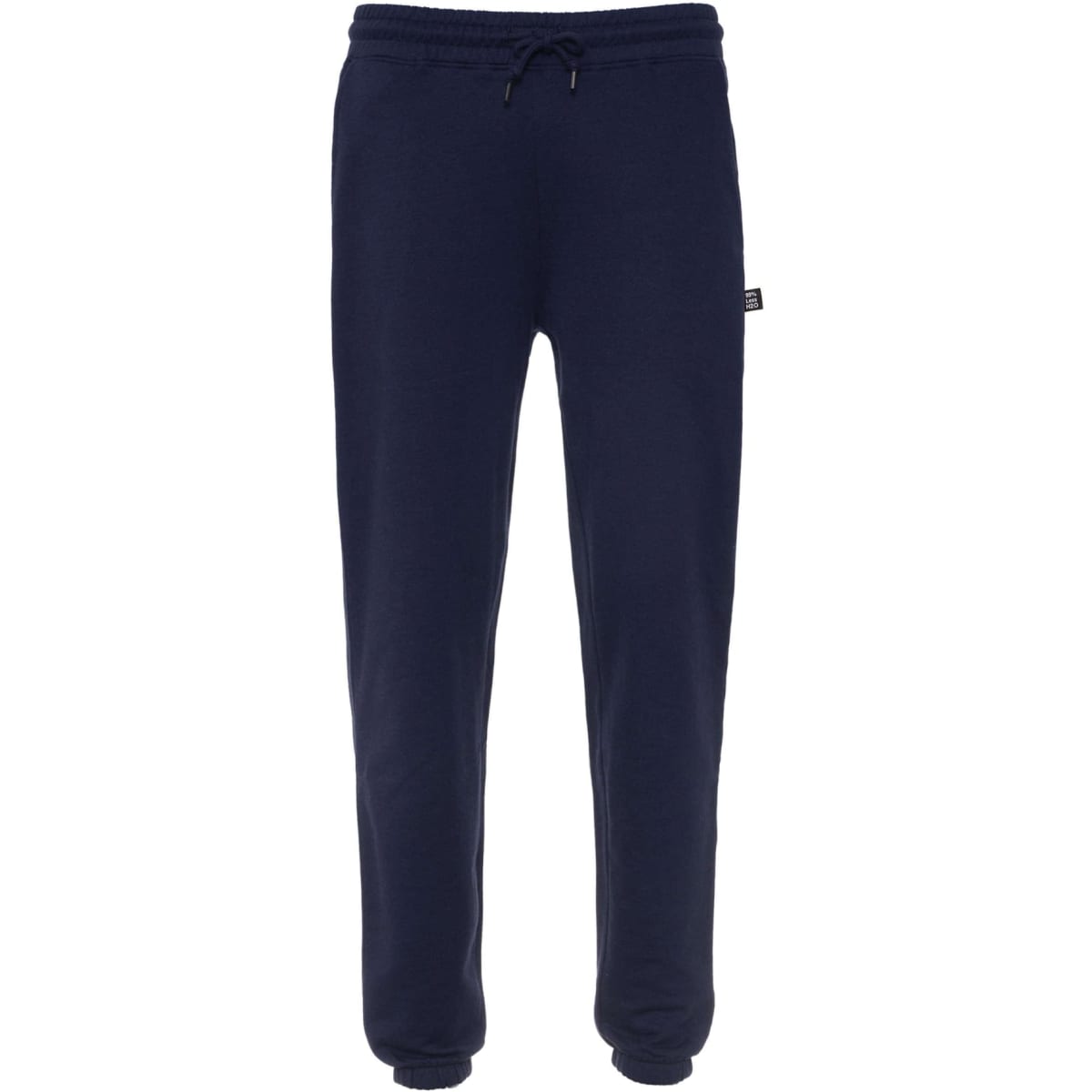 Navy blue sweatpants with a drawstring waist and a small logo on the side. Suitable for casual wear.
