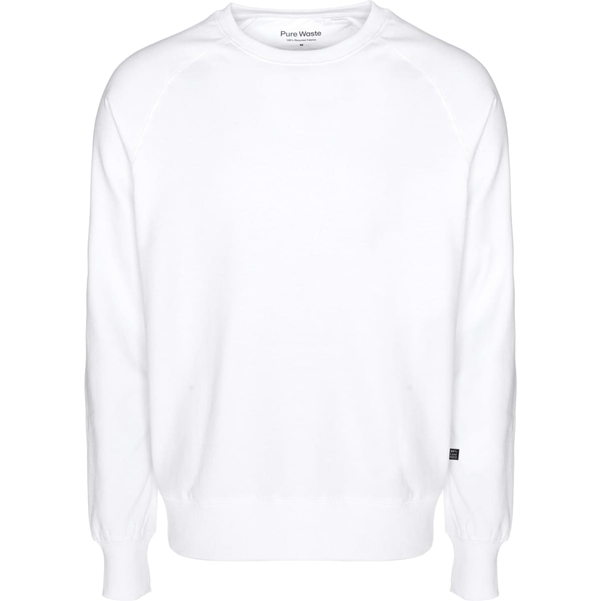 A white sweatshirt with a crew neck and ribbed cuffs, featuring a small logo on the side.