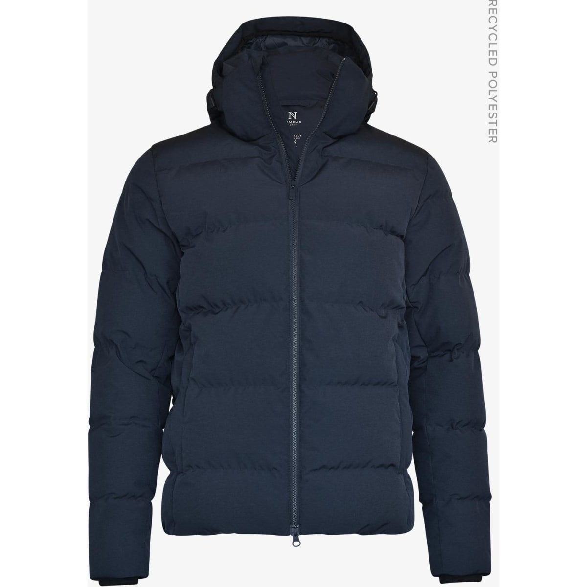 A navy unisex puffer jacket with a hood, featuring a zip closure and a logo on the design.