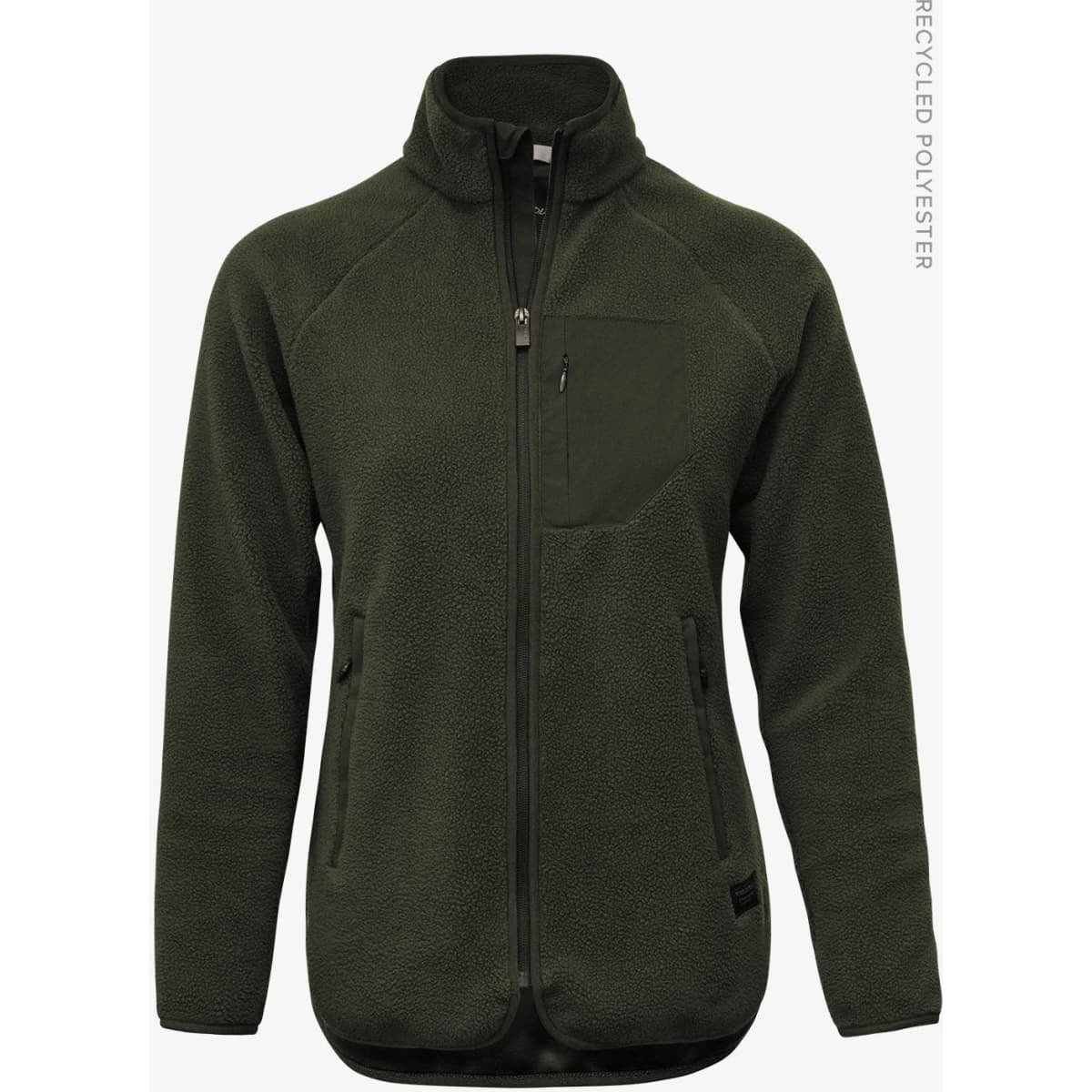 A green women's jacket with a zip front, featuring a chest pocket and side pockets, made from recycled polyester.
