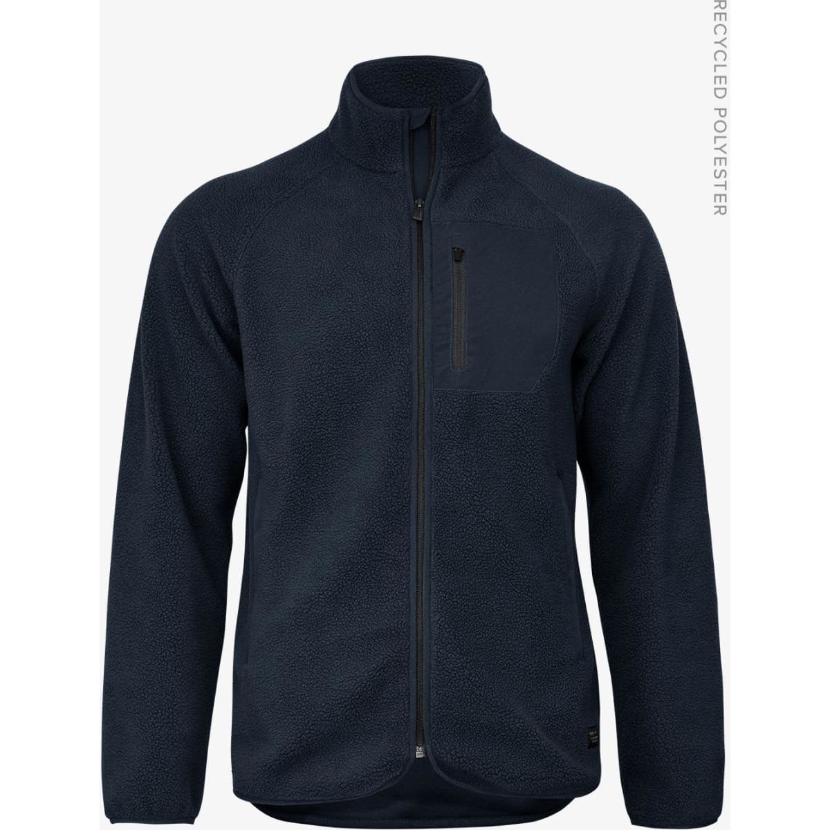 A navy polar fleece jacket with a zip-up front and a chest pocket. Features branding on the side.