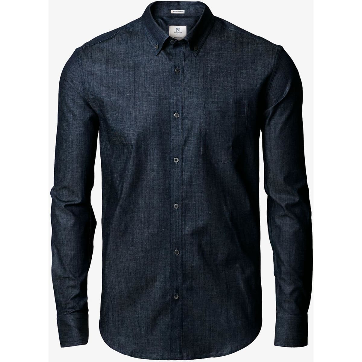 A dark blue button-up shirt with a collar and full sleeves, featuring a chest pocket and a logo on the label.