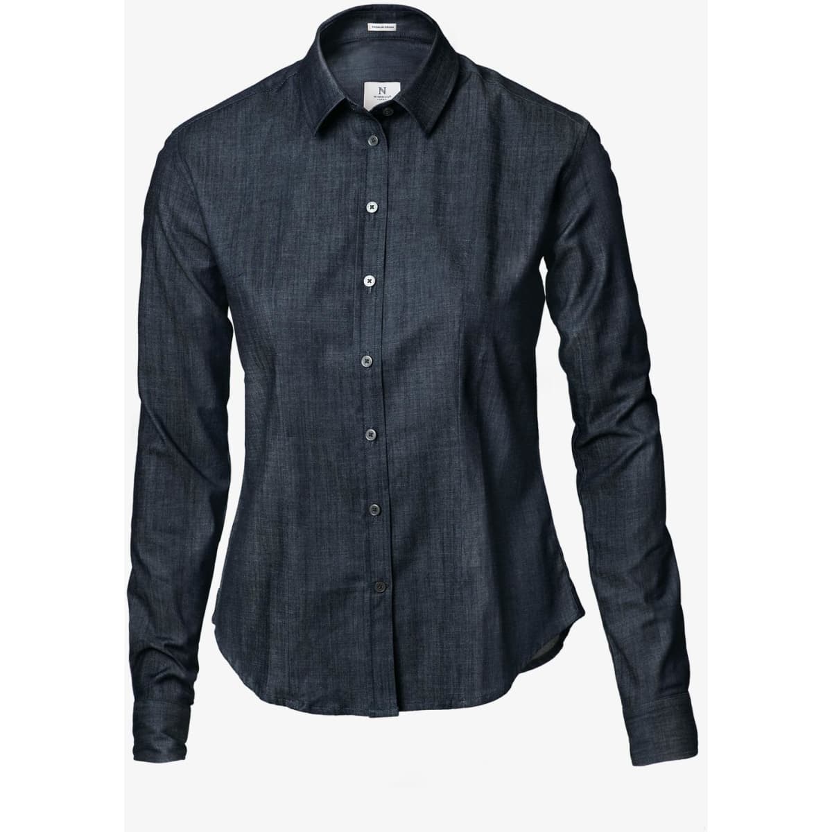 A button-up shirt in a dark denim colour with long sleeves and a collar, featuring a logo on the front.
