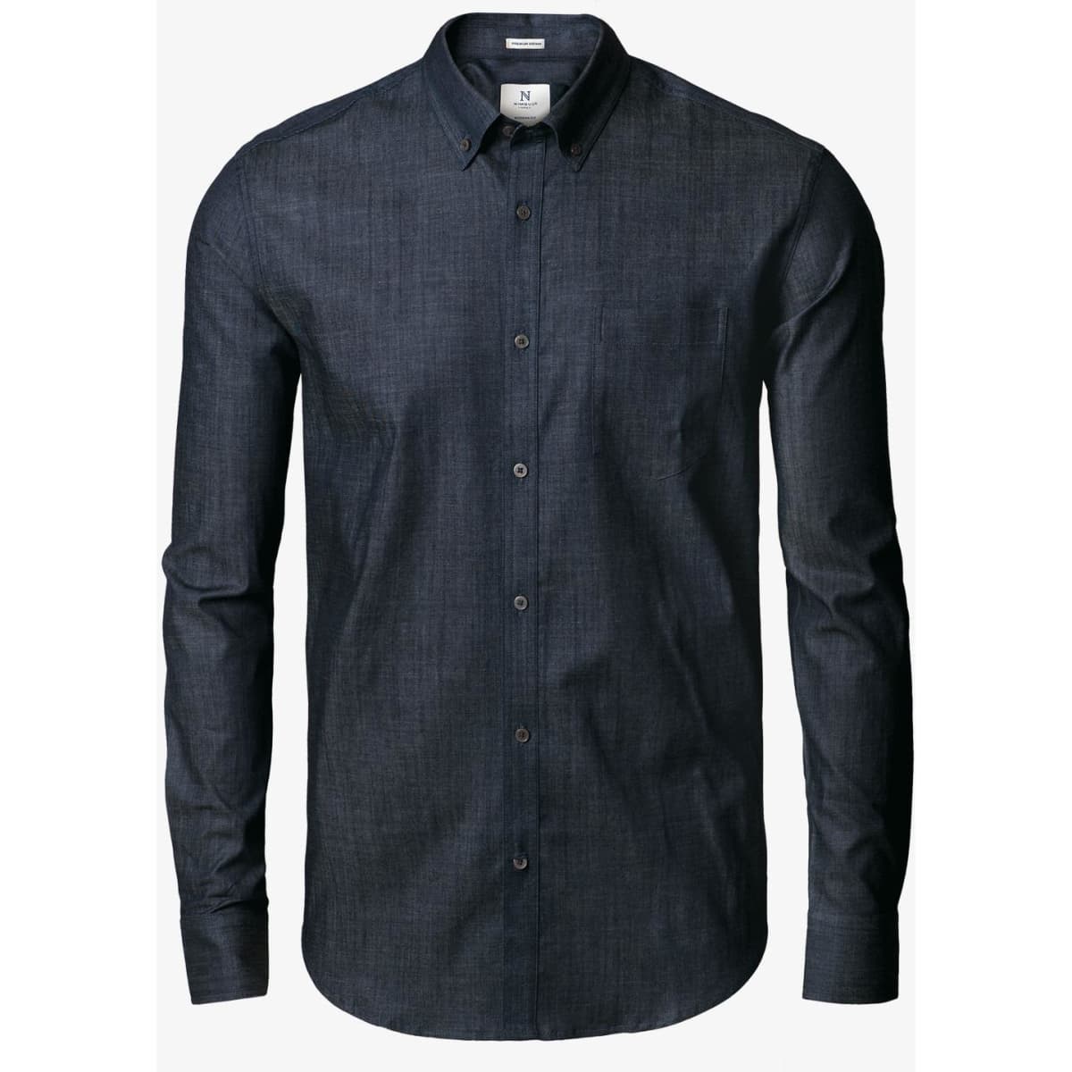 A dark blue slim fit button-up shirt featuring a collar and long sleeves, with a subtle texture.